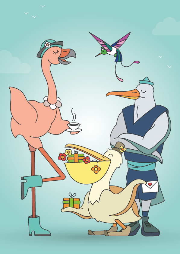 Poster van Familiezorg Oost-Vlaanderen om onze opleiding tot verzorgende/zorgkundige in de kijker te zetten. Op de affiche staan vier geïllustreerde vogels: een flamingo, kolibrie, pelikaan en albatros. Elke vogel heeft zijn eigen unieke kenmerken die de verschillende types verzorgenden voorstellen.